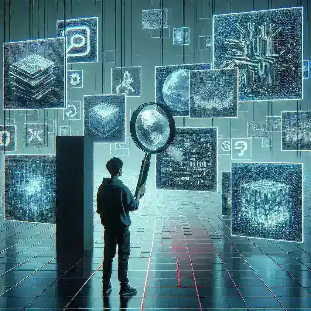 "Illustration of a person analyzing digital media on a computer, highlighting the importance of digital trust in identifying deepfakes and fake news in the modern information landscape."